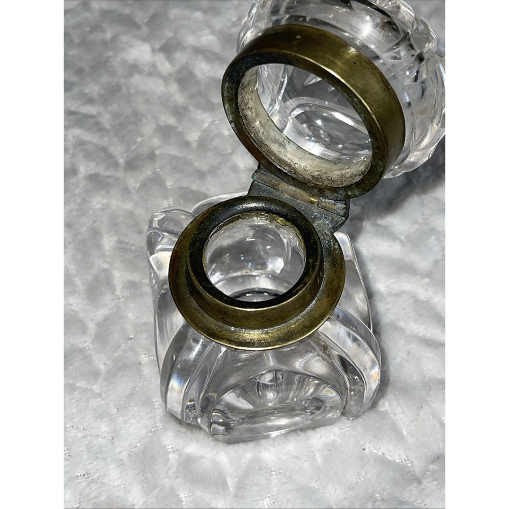 Antique Crystal Cut Glass Inkwell Asprey‎ Co. ?   Brass Hinged Lid 19th Century - Picture 8 of 11